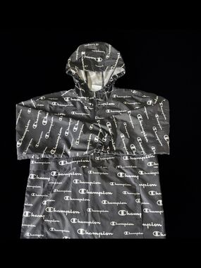 Mens Size M Vintage Champion Black Hooded Pullover with White Logo Print